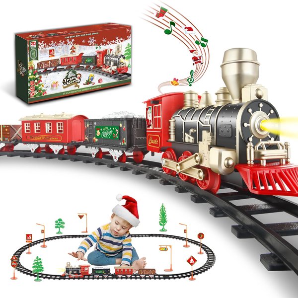 JUQU Train Set, Christmas Train Set for Around The Tree w/Lights & Xmas Sounds, Christmas Tree Train Toys, Electric Toy Train Set for Boys, Toddler Model Train Gifts for 3 4 5 6 7 8+ Years Old Kids