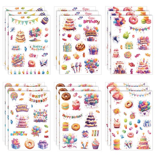 18 Sheets Happy Birthday Stickers, Adhesive Cute Stickers Birthday Stickers Decals for Gift Cards Envelope Scrapbook DIY Craft Decoration Party Favors Supplies for Kids Adults (6 Styles)