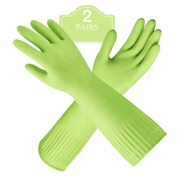 Disfore 2 Pairs of Durable Rubber Gloves, Reusable Non-Slip Cleaning Gloves, Long-Sleeved Waterproof Dishwashing Gloves to Protect Hands, Soft and Comfortable Premium Kitchen Gloves,Small Green