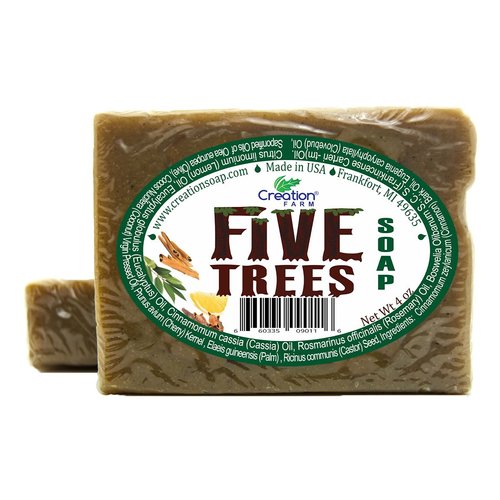 Creation Farm Five Trees Hand Crafted Soap Bars made with Aromatherapy Essential Oil Blend of Cinnamon, Frankincense, Lemon, Eucalyptus, Rosemary Clove, Wash Away Germs 8 oz. (2-4oz Bars)