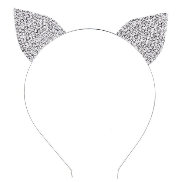 AKOAK 1 Pack Crystal Rhinestone Metal Cat Ear Headband - Amazing Crystal Party Decorations Halloween Cosplay Costume Cat Ear Headpiece (Silver)