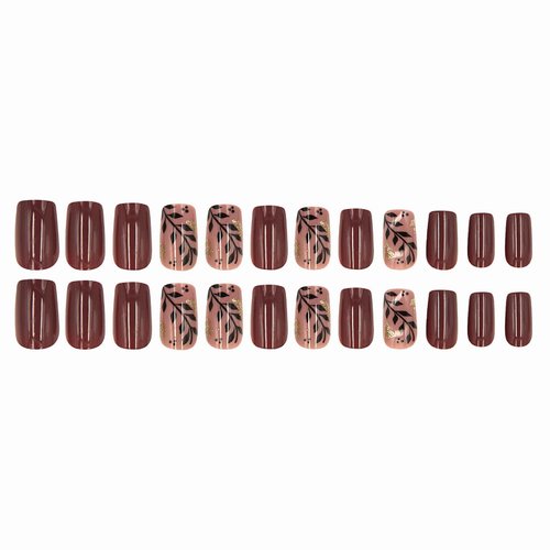 MISUD Press on Nails Short Square Fake Nails Glossy Glue on Nails Fall Brown Acrylic Nails Squoval Artificial Nails Autumn Leaf Stick on False Nails with Gold Foil Design 24 pcs