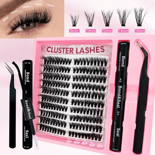 Fluffy Lash Clusters Kit 200pcs DIY Lash Extension Kit, Wispy Lash Clusters Kit Natural 8-16mm Thick Volume Eyelashes Extension Kit with Lash Bond and Seal and Lash Tweezers.(200P-5K-Kit)