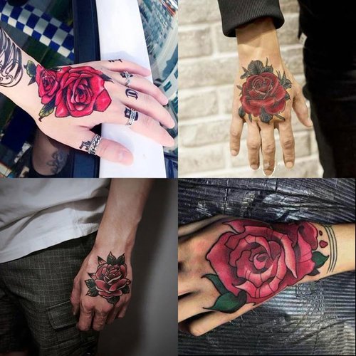 Oottati Waterproof 4 Sheets Back of Hand Fake Temporary Tattoo Stickers, Red Rose Flower