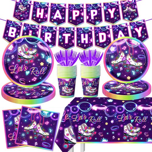 Roller Skating Party Supplies,Roll Theme Birthday Decoration,142 PCS Let&#39;s Roll Happy Birthday Su...