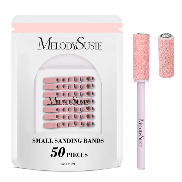 MelodySusie 50 Pcs Nail Drill Bits Small Sanding Bands with 3.1mm Mandrel Bit, 180 Fine Grit Nail File for Acrylic Nails Gel Manicures and Pedicure, Pink