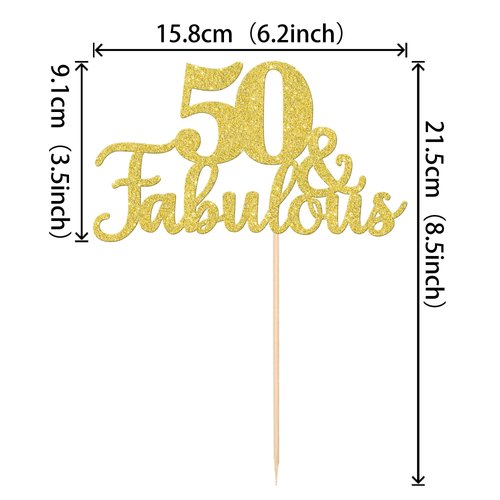 1 PCS 50 & Fabulous Cake Topper Gold Glitter 50th Birthday Anniversary Cake Pick Decoration for 50th Birthday Wedding Anniversary Party Decorations Happy 50th Birthday Cake Decorations Supplies