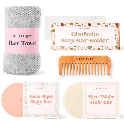 Bath Set for Women – Beauty Spa Relaxation Kit: Includes Rice Shampoo Bar, Body Wash Bar, Soap Bar Holder, Wide-Tooth Hair Comb, and Microfiber Hair Towel – Perfect Bath Gifts for Women