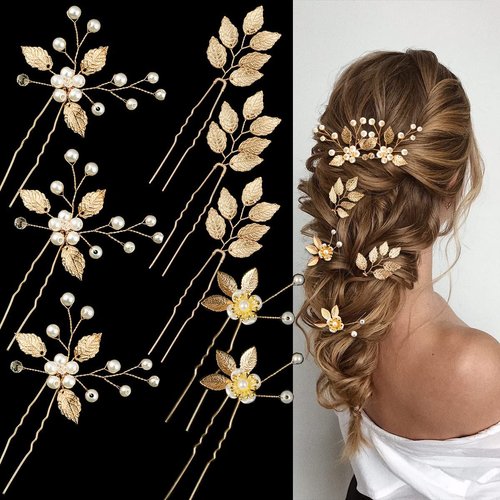 8PCS Gold Leaf Wedding Hair Pins Bridal Headpiece with Pearls Crystal Wedding Hair Styling Pins Vintage Hair Accessories for Brides Bridesmaids and Flower Girls(Elegant)
