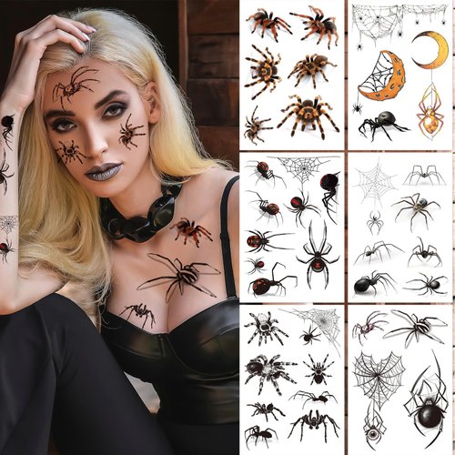 6 Sheet Scary Spider Temporary Tattoo Stickers 3D Halloween Spider Web Waterproof Spider Tattoo Stickers DIY Stickers for Adults Kids Body Decor for Art Party Cosplay atmosphere Supplies