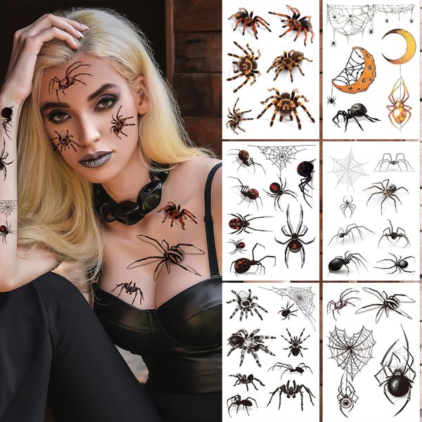 6 Sheet Scary Spider Temporary Tattoo Stickers 3D Halloween Spider Web Waterproof Spider Tattoo Stickers DIY Stickers for Adults Kids Body Decor for Art Party Cosplay atmosphere Supplies