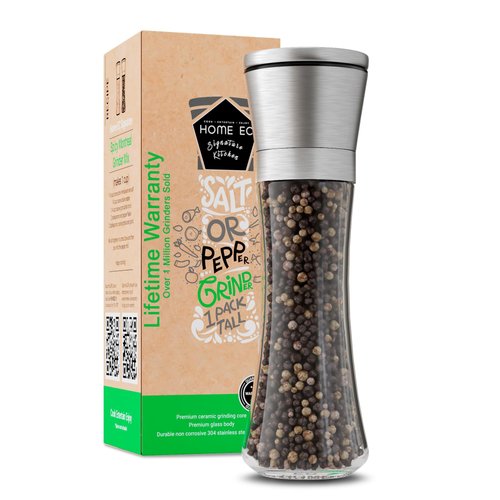 HOME EC Original Stainless Steel Salt or Pepper Grinder 1pk - Adjustable Ceramic Sea Salt Grinder or Pepper Grinder - Tall Glass Salt or Pepper Shakers Pepper Mill or Salt Mill w/EBook
