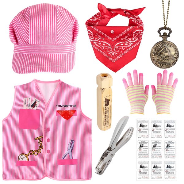 Kyson Kids Train Engineer Costume Train Conductor Dress Up Kit for Train Themed Birthday Party Halloween Dress Up Career Day (Pink)