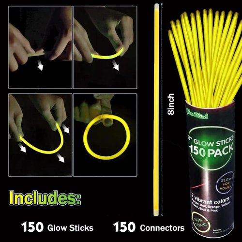 YOFOBU 150 PCS Yellow Glow Sticks with Connectors 8" Glowsticks Bracelets Necklaces Bulk Glow In The Dark Party Supplies Neon Party Favors for Halloween ThanksGiving Day Wedding Birthday Carnival