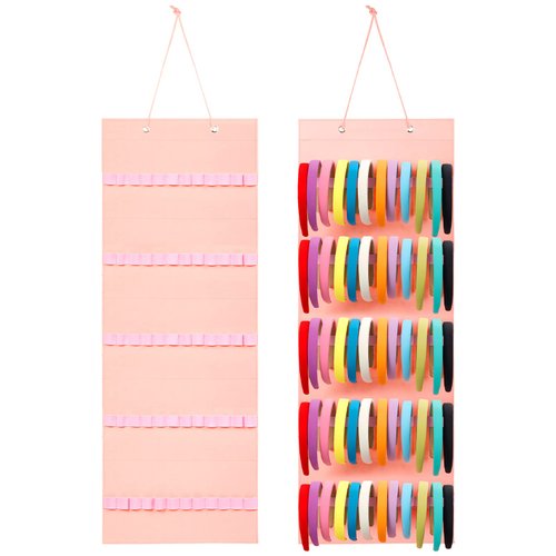 Tudomro Hanging Headband Holder for Girls Felt Headband Organizer with 60 Elastic Bands Bow Hanger for Girls Hair Bows, Without Headbands (Pink,Classic)