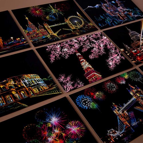Magic Scratch Art Paper, Mini Envelope Postcard, Rainbow Night View Scratchboard for Adults and Kids, Art & Crafts Set: 12Sheets Scratch Cards & 7 Tools Drawing Pen, Clean Brush (Colorful Fireworks)