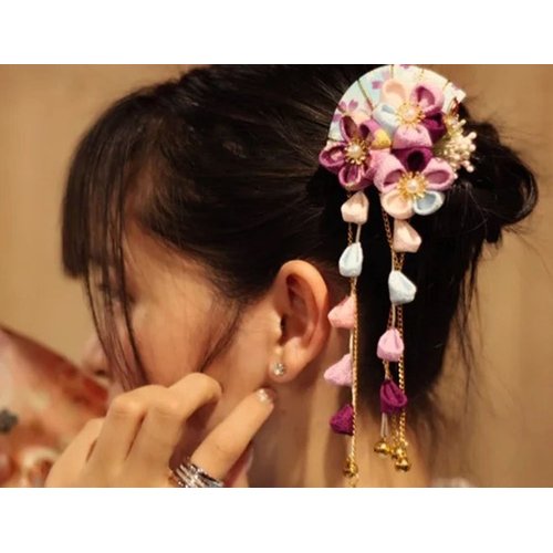 CRB Fashion Womens Girls Kimono Traditional Tsumami Kanzashi Outfit Wedding Japanese Asian Yukata Hair Tie Flower Floral Sakura Fan Barrette Clip (Blue)