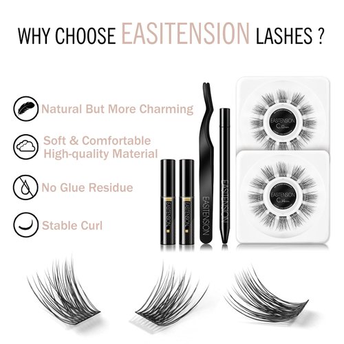 EASITENSION DIY Eyelash Extension, 3D Effect Glue Bonded Band Cluster Lashes Individual Lash Clusters Volume Lashes Set, At Home Eyelash Extension, C curl Lashes Pack 12mm,14mm (KIT)