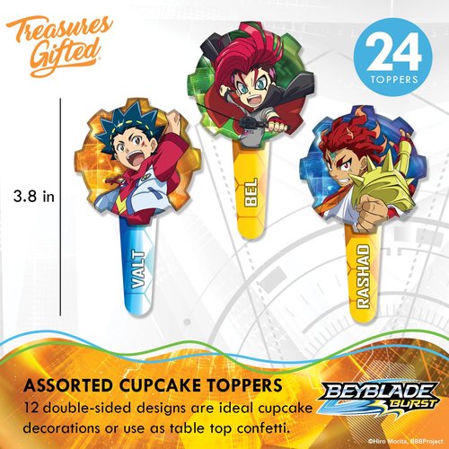 Treasures Gifted Officially Licensed BEYBLADE BURST Party Supplies - (24) BEYBLADE Cupcake Topper and Wrappers - BEYBLADE Birthday Party Supplies - BEYBLADE Party Supplies - BEYBLADE Cake Toppers