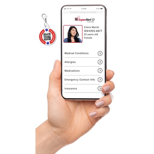 Dynotag® Web Enabled Smart Medical ID/Emergency Information Charm Bracelet Tag + Lobster Clasp with DynoIQ™ & Lifetime Service. Steel, 22mm dia.