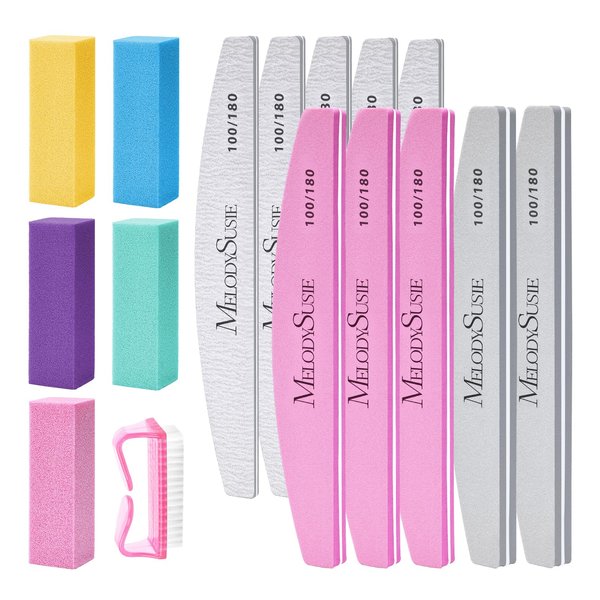 MelodySusie 16Pcs Professional Nail Buffer Kit,Nail Files and Buffers,Nail Buffer Block,Nail Brush, Nail File Buffers Kit for Natural Nails,DIY,Home Use,Salon（100/180 Grit）