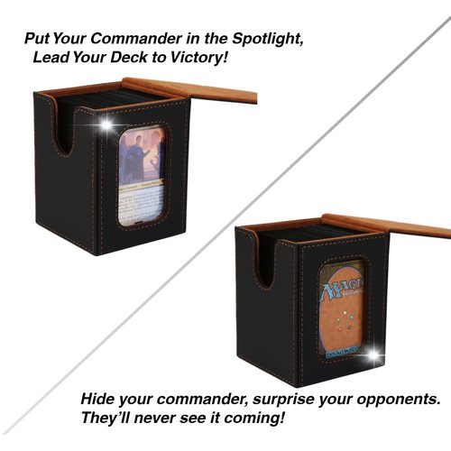 Venssu MTG Deck Box for Commander Display,Card Deck Box Fits 100 Double Sleeved Cards, TCG Card Storage Box with 2 Dividers and 1 Toploader (Black＆Brown)