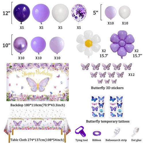 Butterfly Party Decorations, Girls Birthday Themes Decorations with Balloon Arch Kit Butterfly Photography Backdrop Banner and Tablecloth for Girls Women Butterfly Birthday Decor