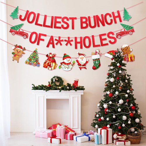 Christmas Vacation Decorations, NO-DIY Friendsmas Christmas Party Decorations includes Jolliest Bunch Of Banner and Christmas Vacation Party Supplies Garland for Ugly Christmas Decorations