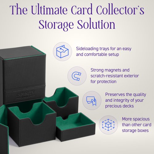 Durable Double Deck Box with Dice Tray - MTG Deck Box Commander Friendly - Protects 200+ Double Sleeved Cards - Designed for MTG Commander Deck Box with Sideloading Card Trays (Green Interior)