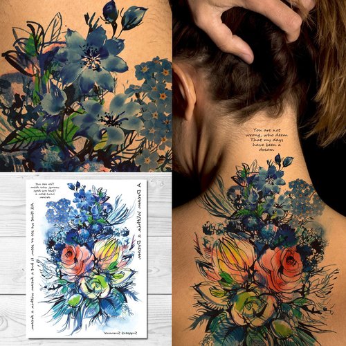 Supperb® Temporary Tattoos - Watercolor Blue Flowers Bouquet of Summer Dream