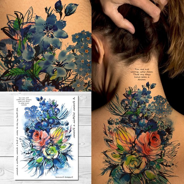 Supperb® Temporary Tattoos - Watercolor Blue Flowers Bouquet of Summer Dream