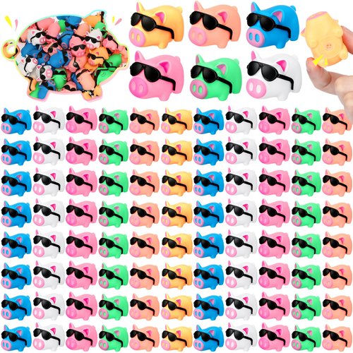Shappy 100 Sets Mini Rubber Pigs with Sunglasses Pig Bath Toys Bulk Squeaky Piggy Bathtub Toys for Baby Shower Kindergarten Birthday Party Favors Class Prizes Piñata Fillers Car Decor(Colorful)