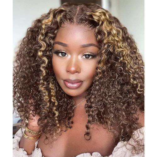 Jessica Hair Highlight Ombre Lace Front Wig Human Hair 13x6 HD Lace Front Wigs for Women 180% Density Curly Glueless Wigs 4/27 Colored Pre Plucked Natural Hairline with Baby Hair(12 inch)