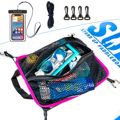 SUP-Now Paddleboard Deck Bag with Waterproof Phone Case (Pink Trim w/Bungee & 4 Clips)