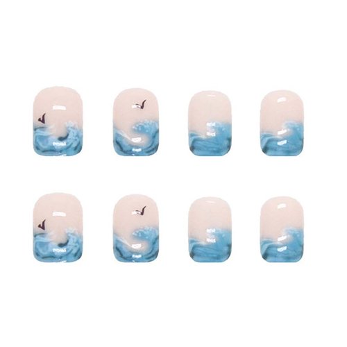 RikView French Tip Press on Nails Short Fake Nails Square Stick on Nails Nails with Waves Design Blue Nails for Women