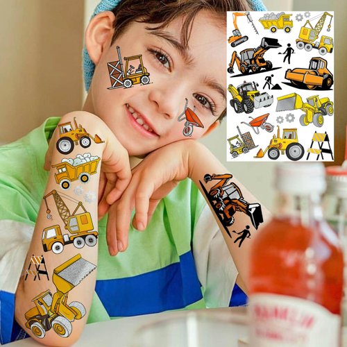 56+ PCS Construction Cars Temporary Tattoos For Kids Boys Girls, Groovy Flash Silver Metallic Fake Tattoo Sticker Child, Cartoon Engineering Vehicle Fire Engine Bulldozer Excavator Tattoo Party Supply