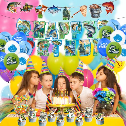 Gone Fishing Party Supplies Set Includes Fishing Banner, Paper Garlands, Cupcake & Cake Topper, Balloons, Fishing Theme Party for Kids Teens Adults Birthday Party Decorations
