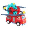 NEXTAKE 2 in 1 Fire Engine Slide Toy Set, Automatic Slide Down Duck Toy Race Track Toy Rotating Ferris Wheel Toy Duck Slide Toy Fire Truck Toy with Universal Wheel, Movable Eyes, Music & Lights