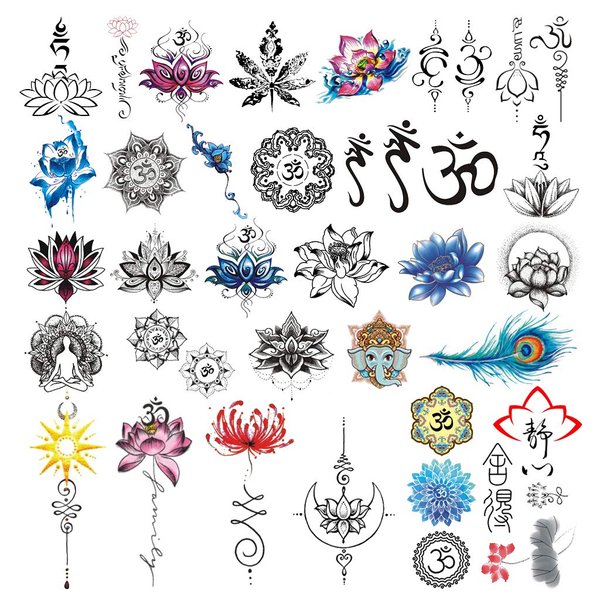 CARGEN Realistic Lotus Temporary Tattoos - 30 Sheets Yoga Style Stickers OM Lycoris Mandala Flower Elephant Moon Peacock Feather Sanskrit Tibetan Meditation Fearless Temporary Fake Tattoo Body Art