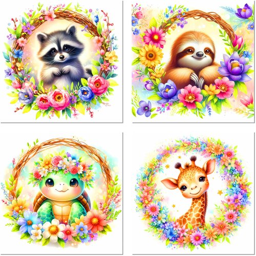4 Pack Animals Paint by Number for Kids, Cute Flowers Animals 4-8 Painting Kits for Kids Ages for Beginners,Easy Acrylic Watercolor Paint by Numbers Canvas Arts and Craftsfor Wall Decor Gift (8x8in).