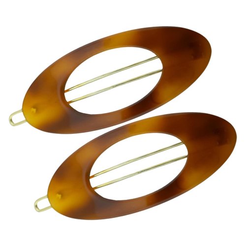 French Amie Oval Small 2 1/4” Tortoise Shell Celluloid Acetate Set of 2 Side Slide In Strong Hold Hair Clip Barrettes with Tige Boule Clasp for Girls and Women, Made in France