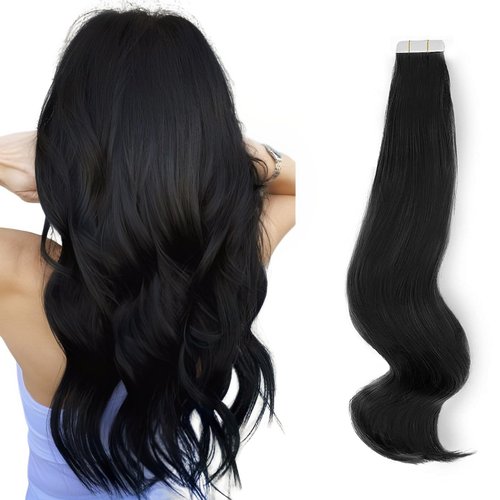 ABH AmazingBeauty Tape in Hair Extensions Semi-Permanent Pre-taped Tape Extensions Real Remy Human Hair Skin Weft, Invisible, Seamless and Reusable, 50g 20pcs, Jet Black Color 1, 18 Inch