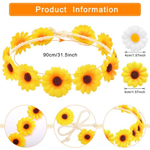 8 Pieces Sunflower Crown Hair Wreath Daisy Flower Headbands Hippie Headbands Adjustable Floral Bridal Headpiece for Hippie Party Wedding Festivals Photo Props (White, Yellow)