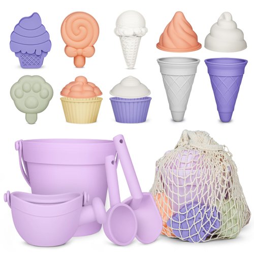 MarcZero 17Pcs Silicone Beach Toys,Modern Baby Beach Toys,Travel Friendly Beach Set,Silicone Bucket, Watering Can, Shovel, 12 Sand Molds, Beach Bag,Silicone Sand Toys for Toddlers, Kids (Purple)