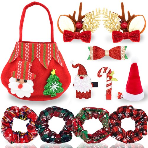 11 Pcs Christmas Hair Clips Cute Decorative Christmas Hair Accessories Christmas Hair Scrunchies Snowflake Plaid for Women Girls Cute Christmas Hairpin Antlers Bowknot Hat with A Bag