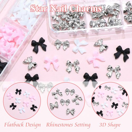 YAEISM 2 Box Bow Nail Charms 3D Resin Bows for Nails Silver Metal Bowknot Charms with Glue Gel, Tweezer and Pickup Pencil for Nail Art and DIY Crafts Decoration
