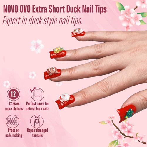 NOVO OVO Duck Feet Nail Tips for Small and Medium Hand, Extra Short Full Cover Press On Acrylic, Clear Full Coverage Thick Flare French Soft Gel Fake False Nail Extension x 12 Sizes 120 pcs