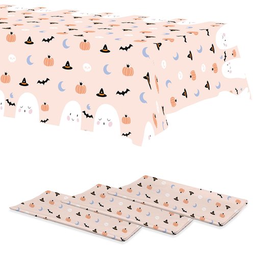 Mocsicka 3Pcs Boo Halloween Tablecloth Halloween Pink Ghost Party Decorations Halloween Birthday Plastic Table Cover for Girl Boo Baby Shower Birthday Rectangular Disposable Party Supplies 108x54 Inch