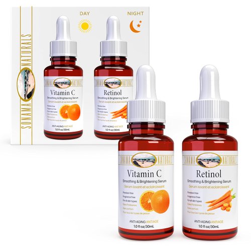 Sonoma Naturals Vitamin C and Retinol Serum for Face, 1 oz. two-pack | Day & Night Kit | Smoothing Natural Anti-Aging Formula | Facial Serum for All Skin