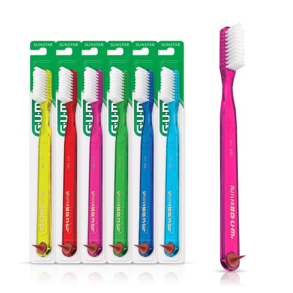 GUM Classic Soft Toothbrush, Full Head, Includes Rubber Tip Dental Pick 1 Count (Pack of 6)